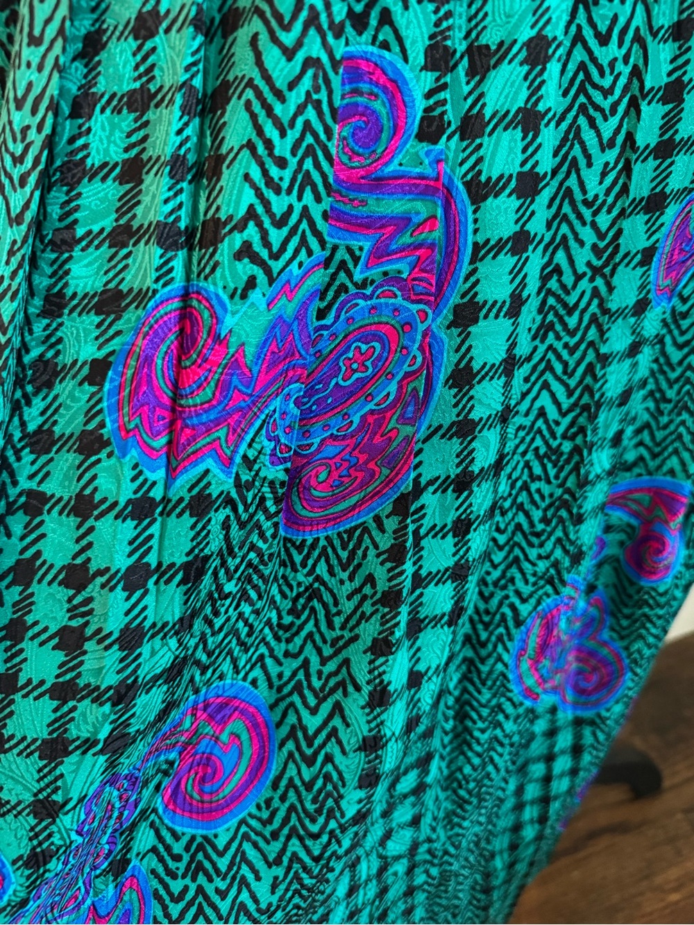 Vintage 100% Silk Midi Skirt Green Teal Paisley Geometric Abstract Print Size 10 - Picture 3 of 11